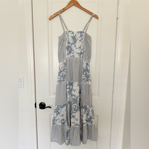 Splendid Misty Patchwork Midi Dress Floral Stripe Print Tiered Boho Medium - Picture 8 of 15